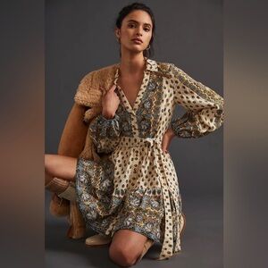 Anthropologie Floral Mini Dress size XS Long Sleeve Embroidered Shirtdress